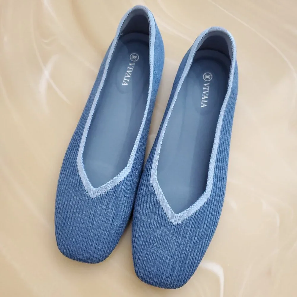 Vivaia Square-Toe V-Cut Margot Slip On Ballet Flats in Denim Blue Size 42/10.5